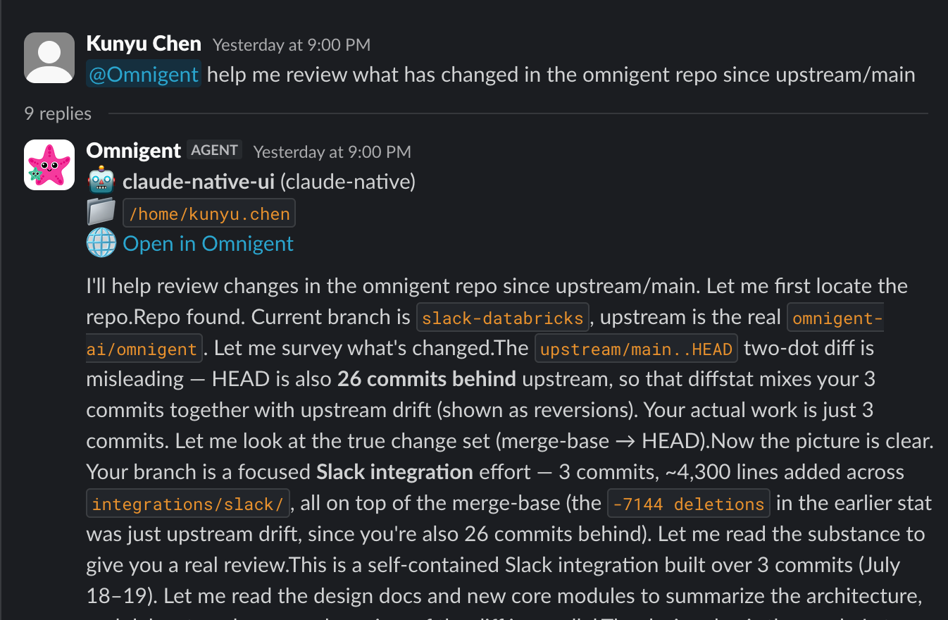 Start and manage an Omnigent session from Slack